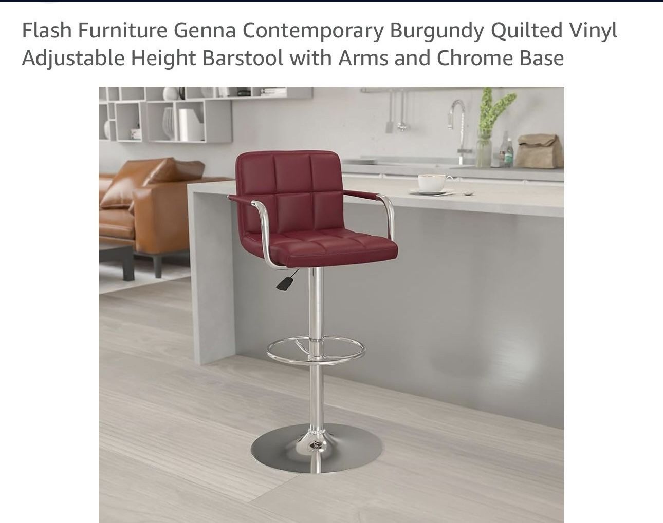 Flash Furniture Genna Contemporary Burgundy Quilted Vinyl Adjustable Height Barstool with Arms and Chrome Base