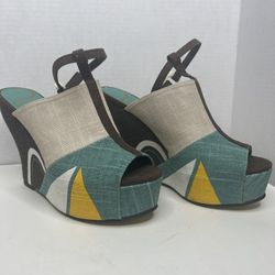 Vogue Angel in Snare Art Deco Platform Wedges 7.5 Brown Teal Tan