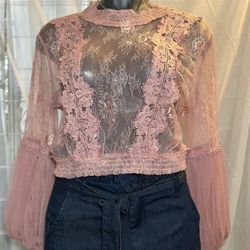 Peach Pink Lace Ruffle Long-sleeve Blouse