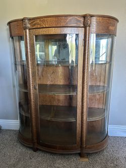 Antique Tiger Wood Curved Glass Curio Cabinet 55”x45” (HxW)