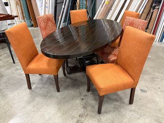 BERNHARDT Dark Finished Oval Dining Table with Pedestal Base and 6 Orange High Back Chairs
