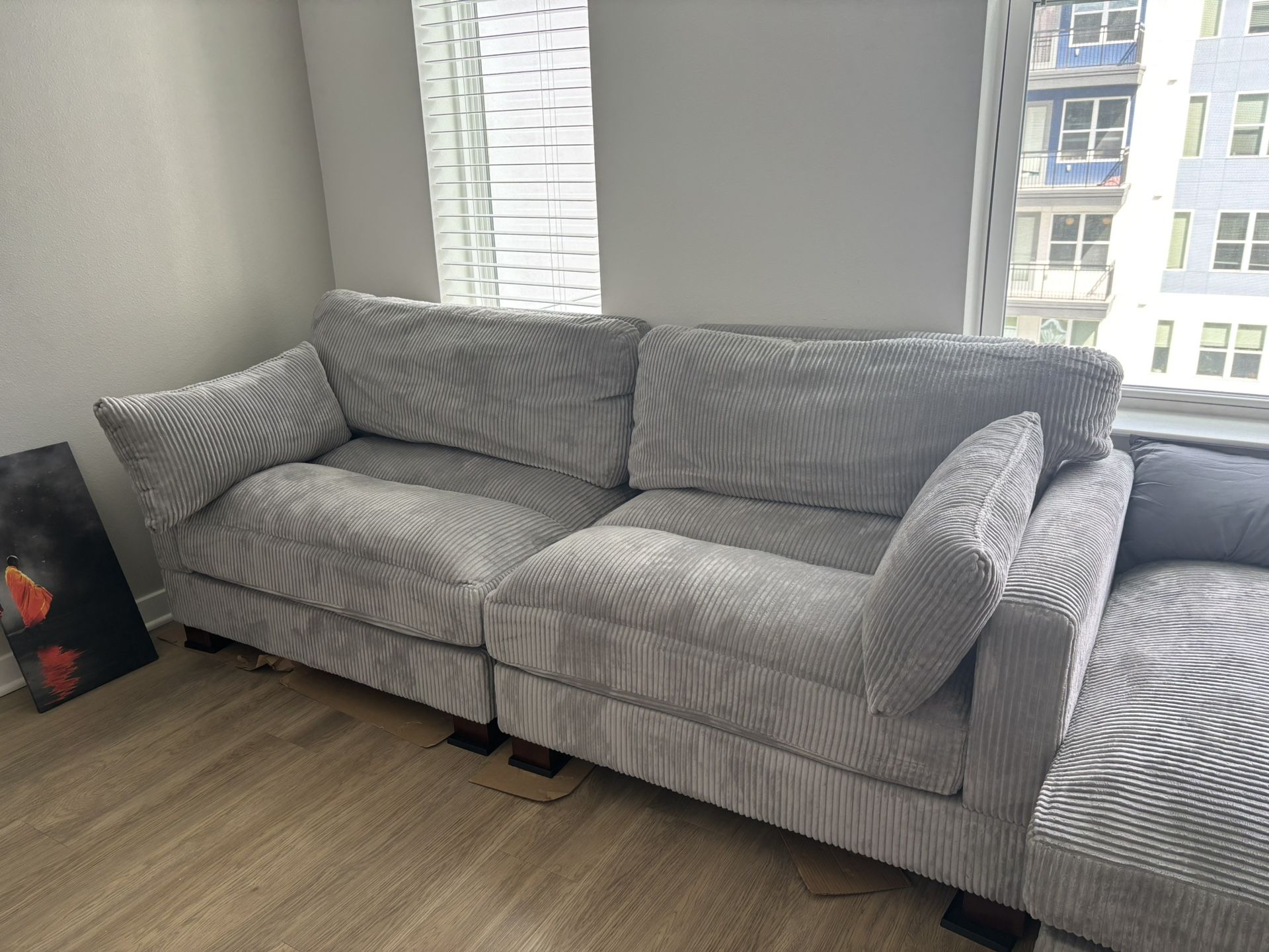 Light Grey Corduroy 2 Seaters With Ottoman