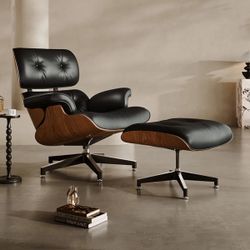 Mid Century Chaise Lounge Chair With Ottoman, Top Grain Leather, Modern Office Chair Classic Design, Heavy Duty Base Support For Living Room Study Lou