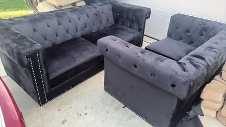 Velvet upholstered loveseat and sofa