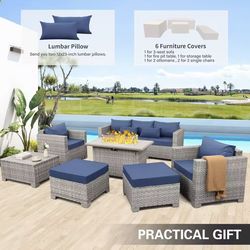 Piece Grey PE Rattan Outdoor Sectional Sofa Set with Fire