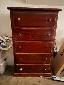 Five drawer tall dresser cherry brown