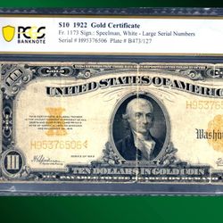  1922 $10 Dollars Gold Certificate, NOTE, PCGS 20 COMMENT, 76506