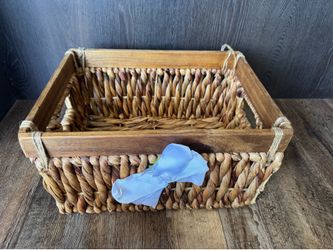 Woven Water Hyacinth Storage Basket with Wood Rim