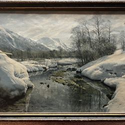 OLD WINTER SCENE PICTURE In Antique Frame 