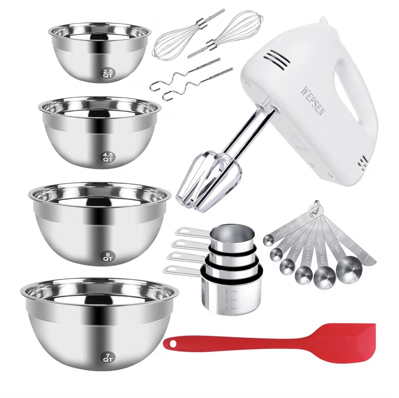 5-Speed Electric Hand Mixer, 4 Large Mixing Bowls Set, Handheld Mixers with Whisks Beater, Stainless Steel Metal Nesting Bowl Measuring Cups Spoons Ki