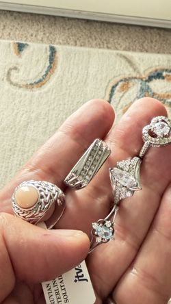 5 Vintage Sterling Silver Rings With Diamond, Pink Opal, Blue Topaz And Other Gemstones