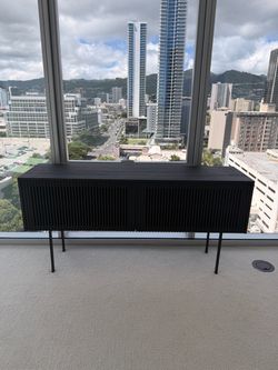 Mid-Century Modern Slatted Wood Sideboard With Metal Legs