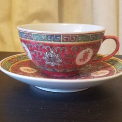 Vintage Chinese Longevity Red Porcelain Tea Cup and Saucer