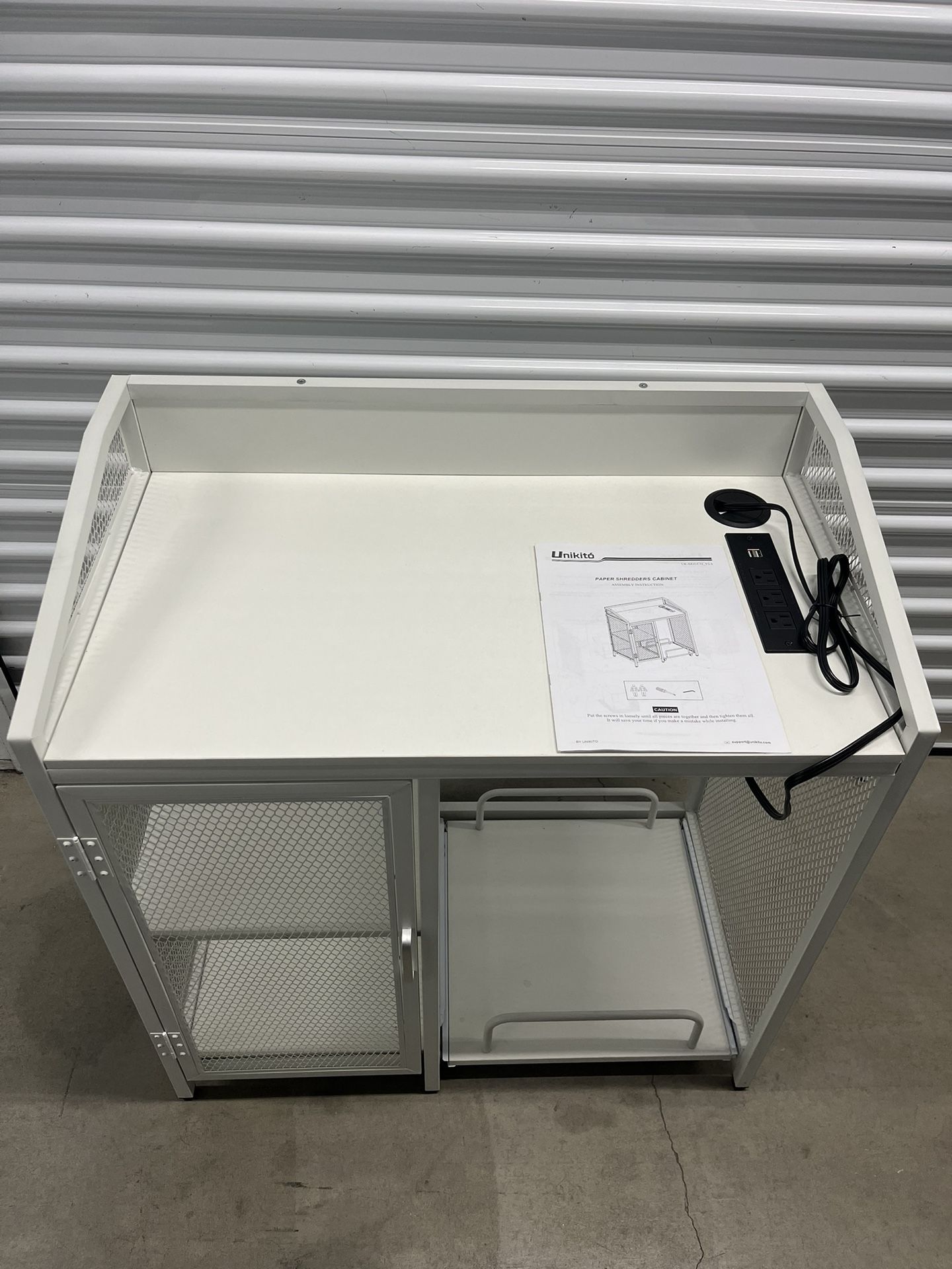 White Filling Cabinet With Sockets For Printer And Paper Shredder