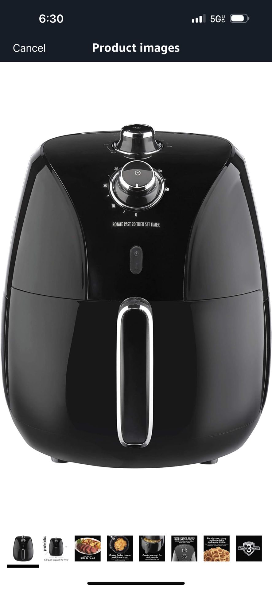 Proctor Silex 5.3QT Air Fryer Oven with Temperature Control, 60 Min Timer, Non Stick Basket, 1700W, Black (35060)