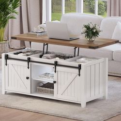 48" Farmhouse Lift Top Coffee Table with Storage, Sliding Barn Door & Adjustable Shelf,White