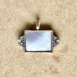 🐑 Beautiful white shell-like rectangle with faux rhinestones pendant reworked from vintage jewelry piece