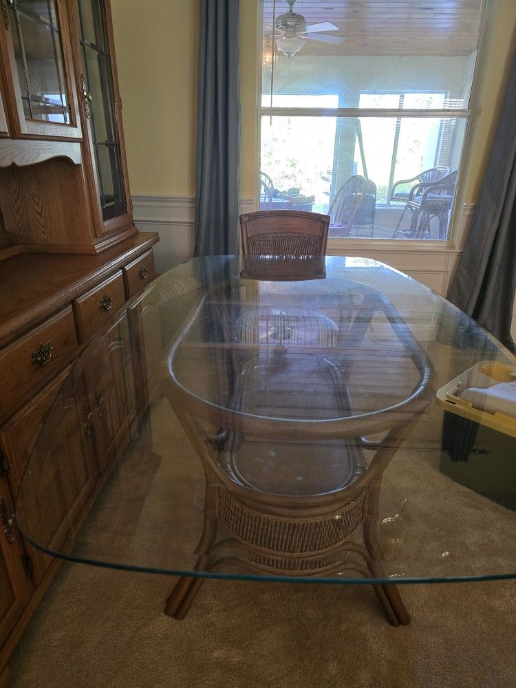 Glass And Rattan Dining Set With Six Chairs