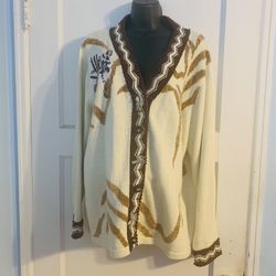 Storybook Knits Womens 1X Zebra Cardigan White Brown Long Sleeve Ramie Cotton