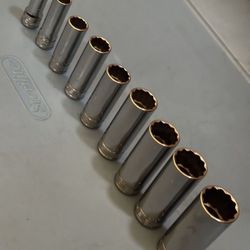 Snap-on Tools 9 pc 3/8" Drive 12-Point SAE Deep Flank Drive® Socket Set (3/8"-7/8" except 11/32") (1/4" and 5/16" missing)
