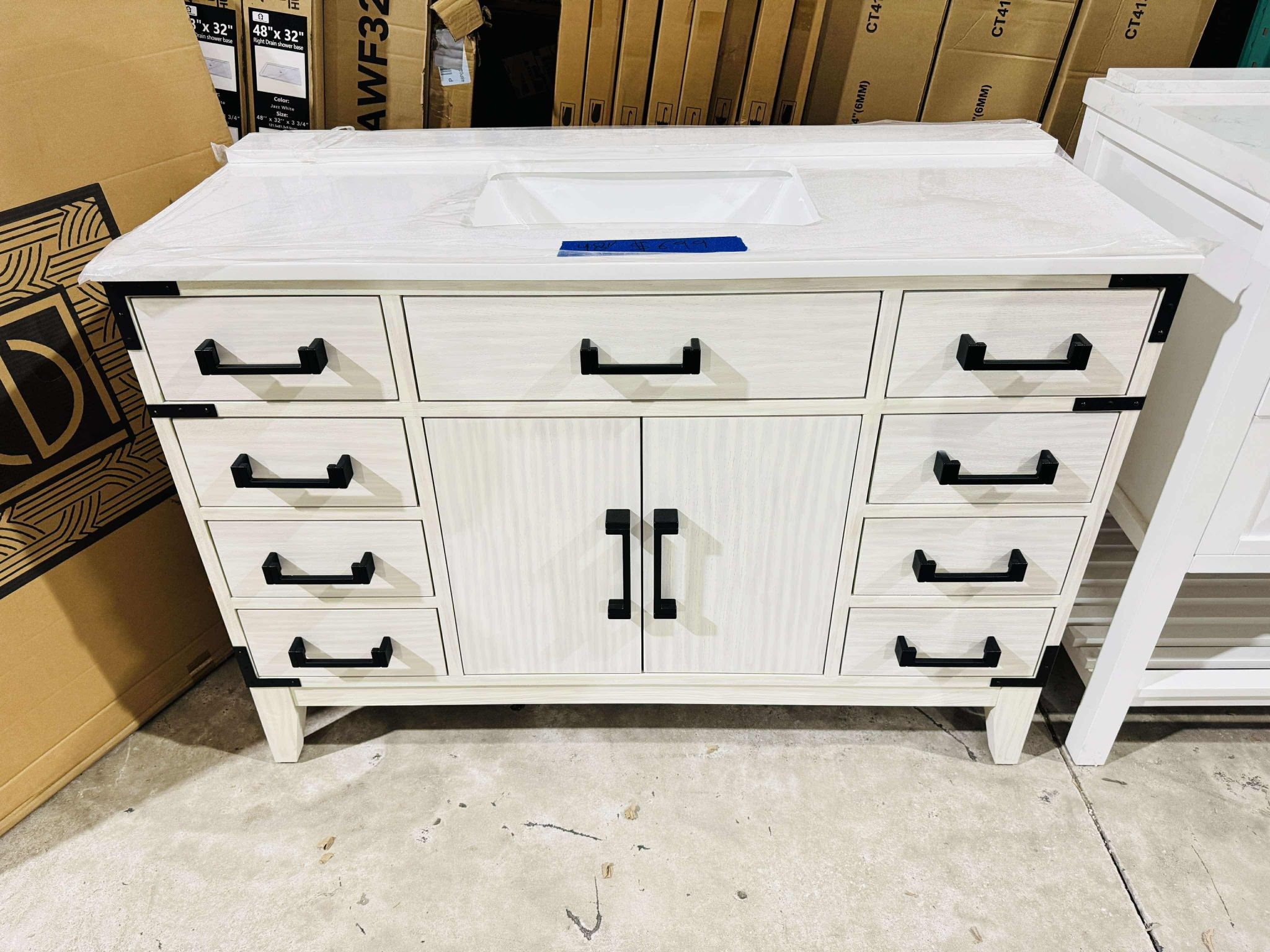48” Single Sink Bathroom Vanity in White Oak with Marble Top in White and Black Handles $699