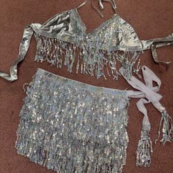 New one size silver iridescent sequin fringe bra top skirt festival rave outfit