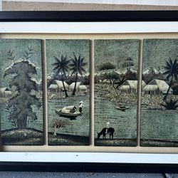 Vintage MCM Vietnamese Eggshell Lacquer Wall Art – Large Framed Village Scene