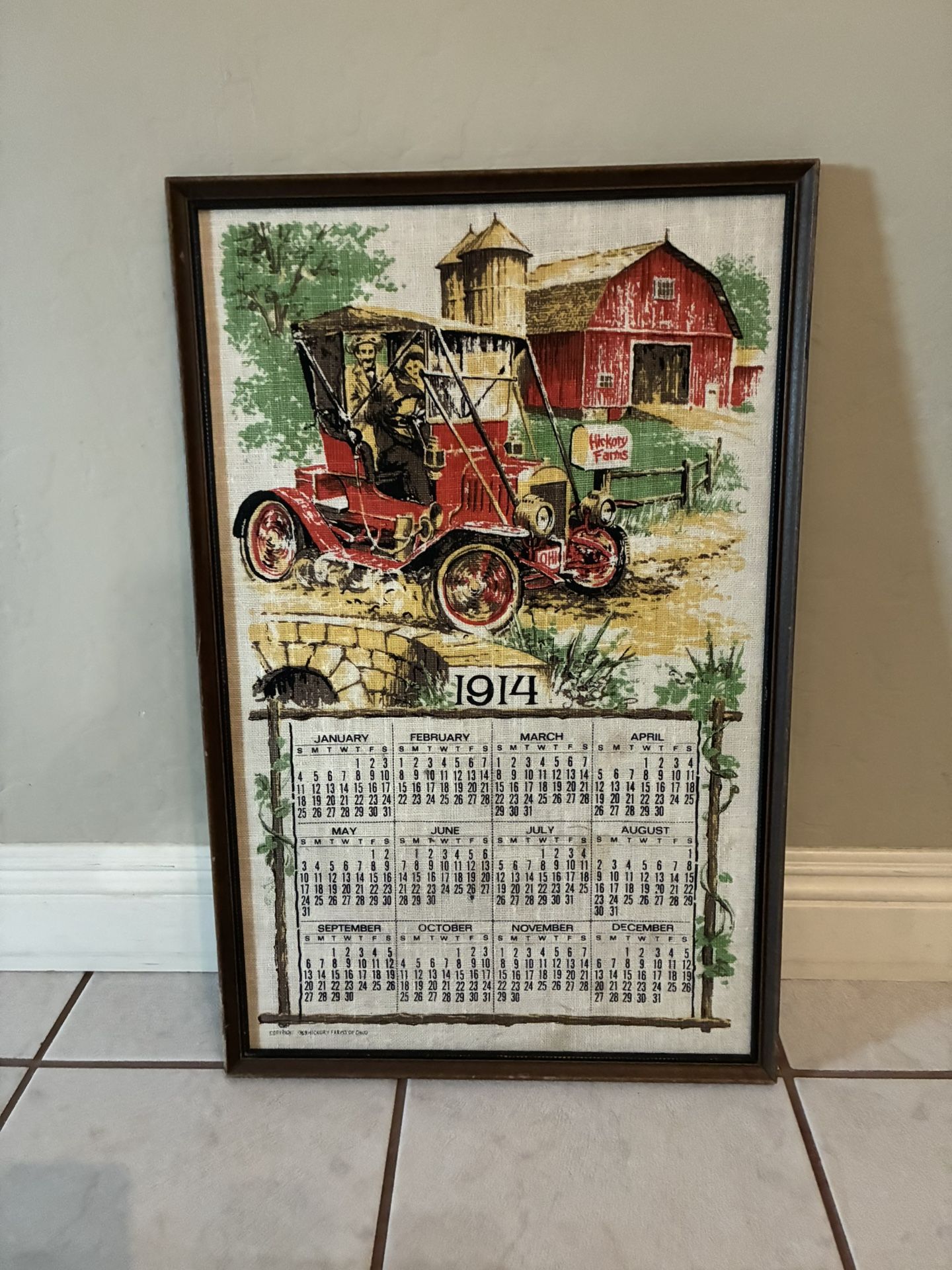 Vintage 1969 “HICKORY FARMS” Screen Printed 1914 Cloth 17 X 26 Framed Calendar.