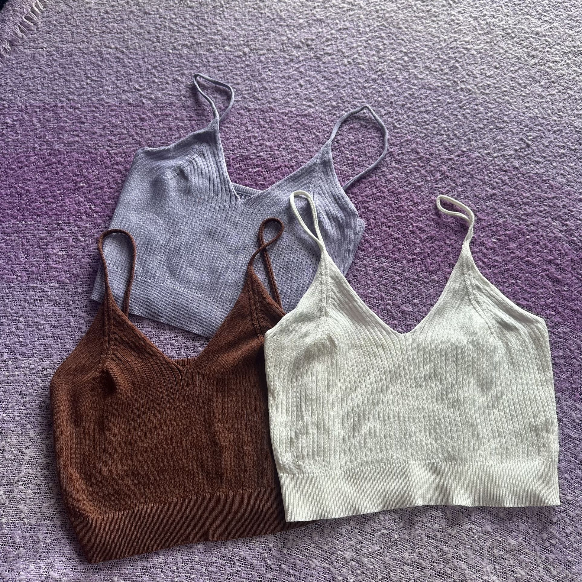 White, brown, and purple ribbed crop tops
