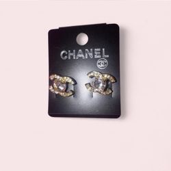 CC Gold Tone CC Crystal Logo Stud Earrings Round Clear Crystal