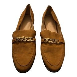 Tan Suede Loafers with Gold Chain Detail