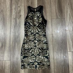 Bebe Black & Gold Sequin Mesh Dress - Size XXS 