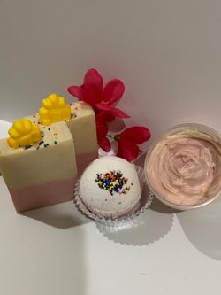 Cupcake Collection, whipped body butter, bath bomb, and bar soap