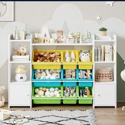 Kids Bookcase with 9 Bins, White Toy Cubby Storage Organizer Bookshelf with 2 Door for Kids Room Playroom Organization  The 37.12'' height