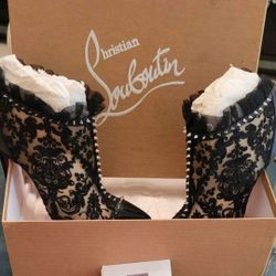Christian Louboutin Patent Black Leather & Lace  & Silver Stud BOOTIES - Size 7
