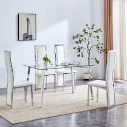 Set Of 4 - White PU Leather High Back Dining Chairs w/ Silver Stainless Steel Frame [NEW IN BOX] [CHAIRS ONLY / TABLE NOT INCLUDED] 