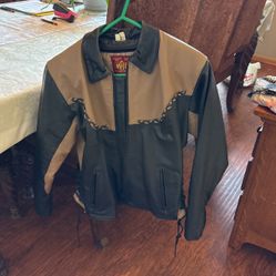 Brown and black, genuine, leather jacket waist length