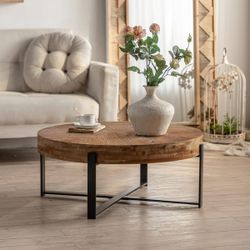 NEW BROWN 31.29"Modern Retro Splicing Round Coffee Table, Fir Wood Table Top with Black Cross Legs Bas
