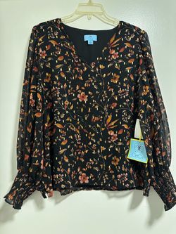 CeCe black floral v-neck blouse