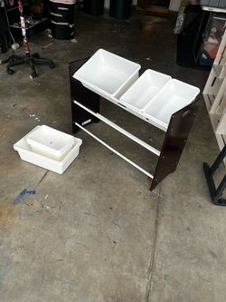 Dark Wood Storage Rack with White Plastic Bins