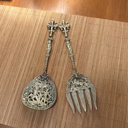 Vintage Italian Ornate Cherub Serving Spoon & Fork Set
