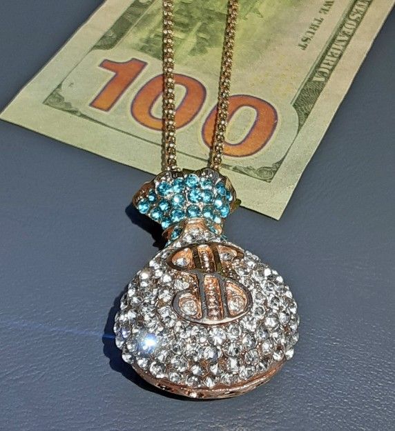 Betsey Johnson Crystal Money Bag Pendant 27 Inch Chain Necklace