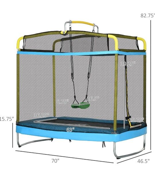 6.9' Kids Trampoline with Enclosure, 3 in 1 Toddler Trampoline with Swing, Gymnastics Bar, for Indoor/Outdoor Use, Light Blue