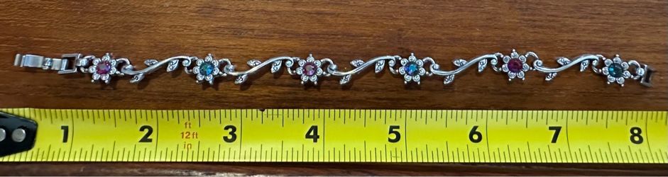 Silver Floral Bracelet with Multicolor Stones