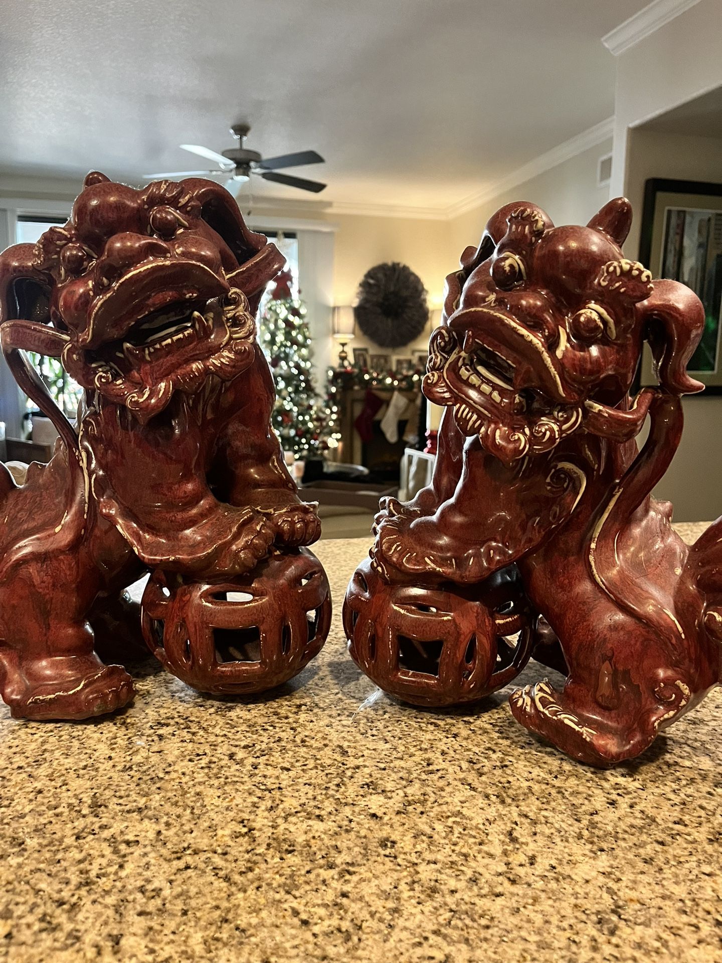 Large 14” Ceramic Foo Dog Guardian Lion Pair – Vintage Red Glaze