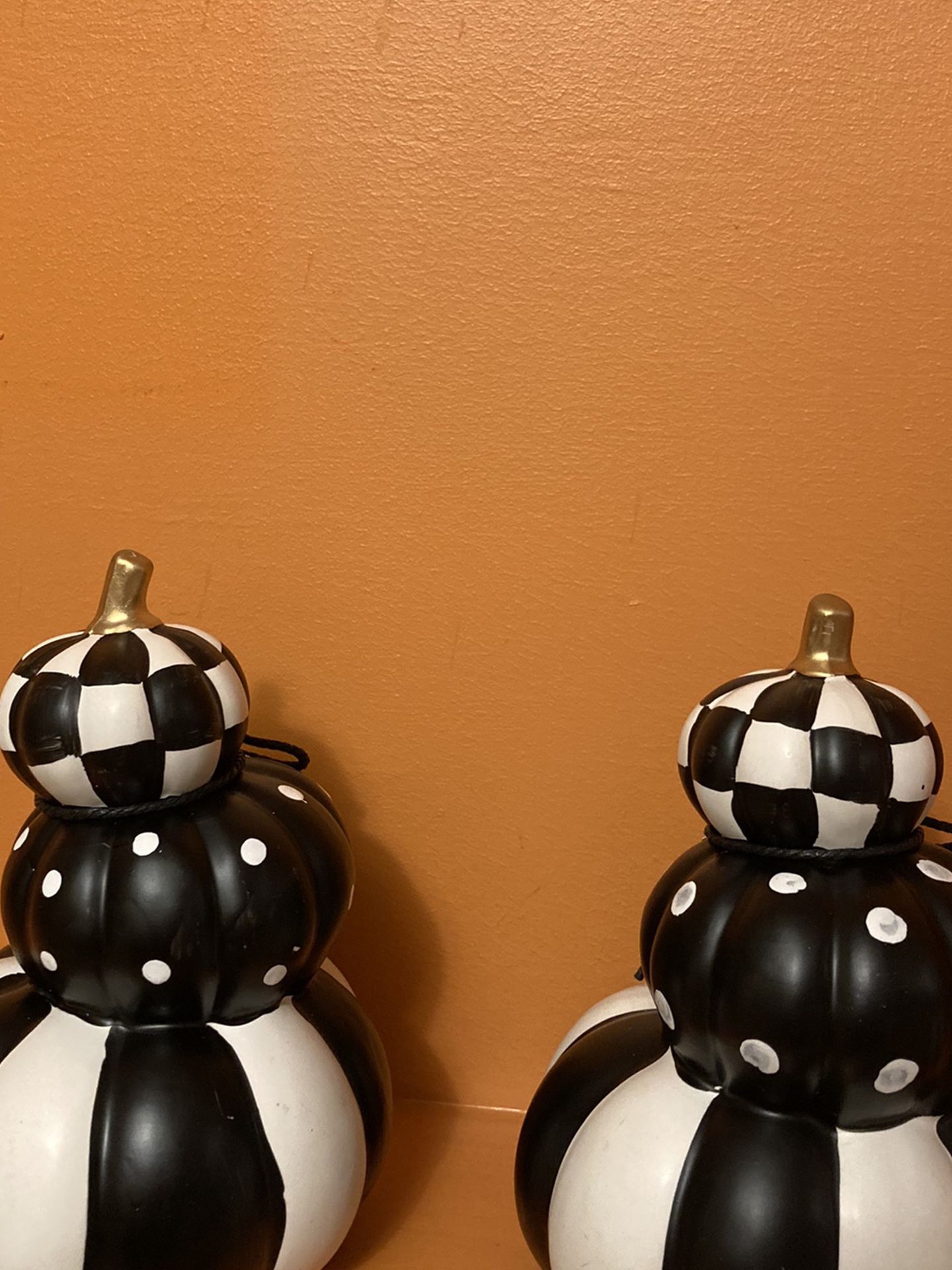 Two ceramic Hand painted Mackenzie childs inspired topiary stacked pumpkins 