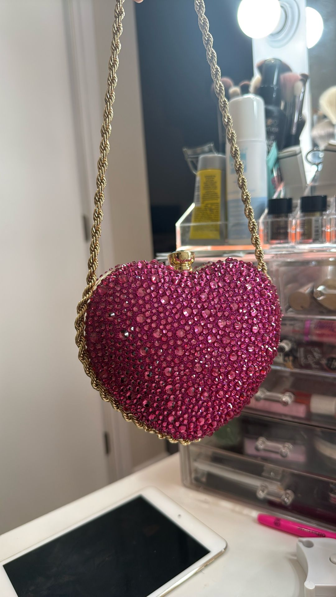 HCBCBY Evening Clutch Bag For Women, Rose-Color Rhinestone Studded Heart Or Heart Design, Fashionable And Elegant, Chain & Crossbody Bag For Party, Pr