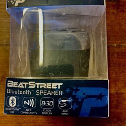 Title BeatStreet Bluetooth Speaker – NFC, Clock Display, AUX – New in Box  Price $10  Description BeatStreet Bluetooth speaker still in the original b