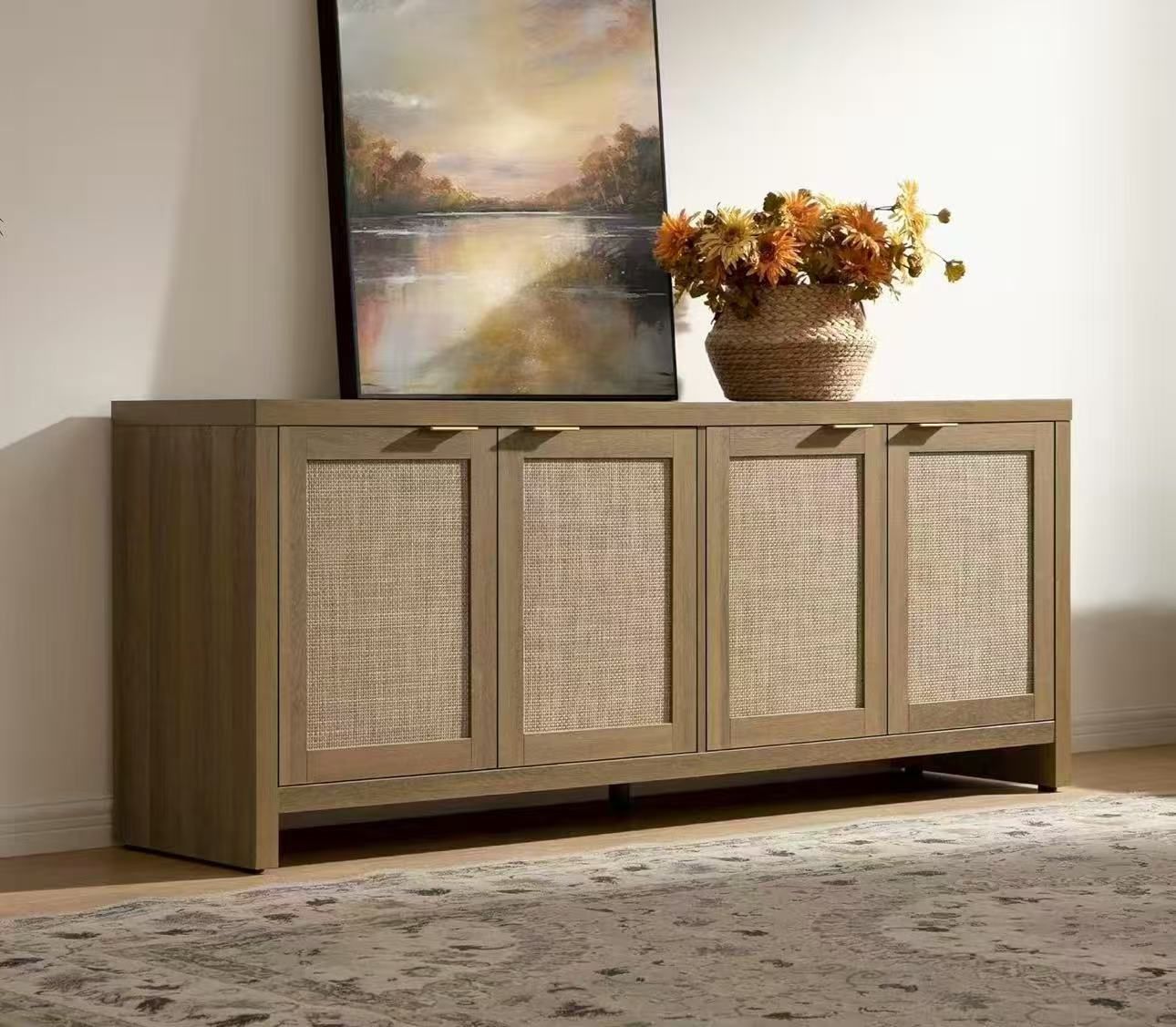 New assembled TV Stand for Living Room Rattan Entertainment Center for Bedroom with 4 Rattan Cabinets Farmhouse Television Stands with Storage Large M