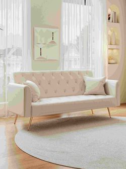 71 inch convertible love seat sofa, American retro beige velvet, suitable for small living room, bedroom, office